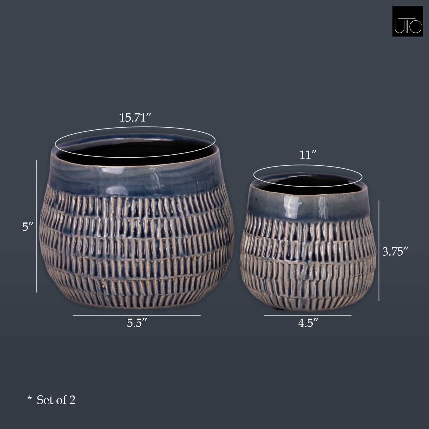 Ceramic Short Bellied Round Vase Set of Two Gloss Finish Blue