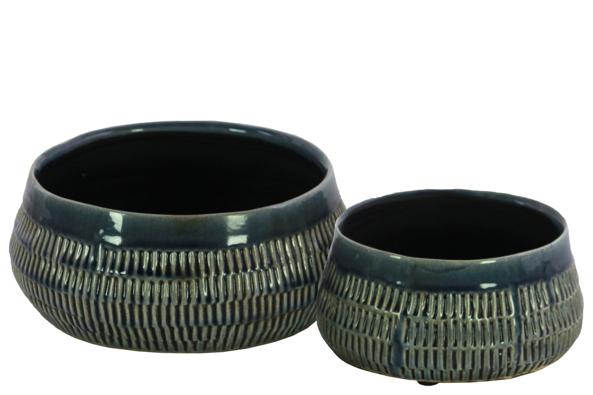 Ceramic Short Bellied Round Vase Set of Two Gloss Finish Blue