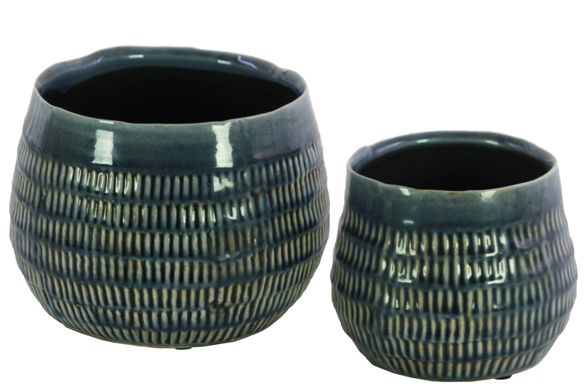 Ceramic Short Bellied Round Vase Set of Two Gloss Finish Blue