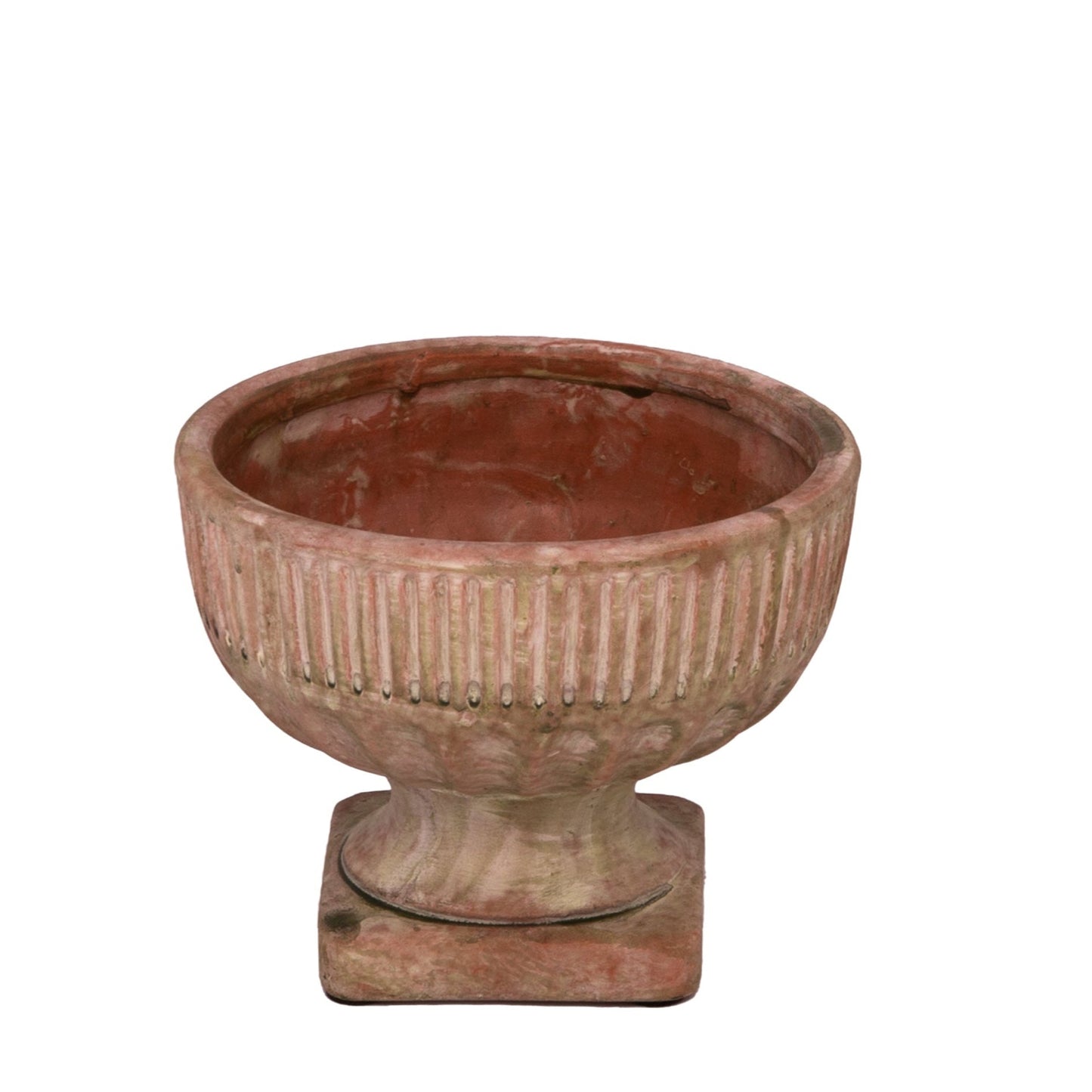 A white terracotta pot with decorative grooves and a square base, displayed against a plain background.