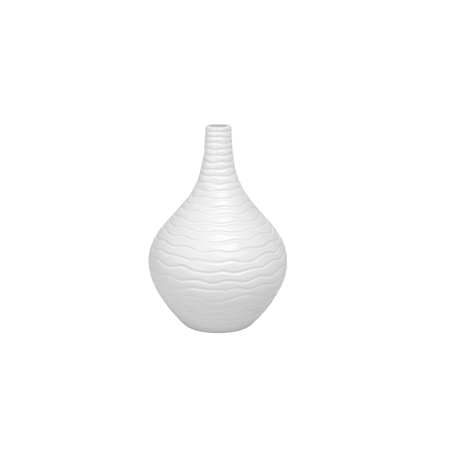 A matte finish white ceramic vase with a ribbed design body and tapered bottom.