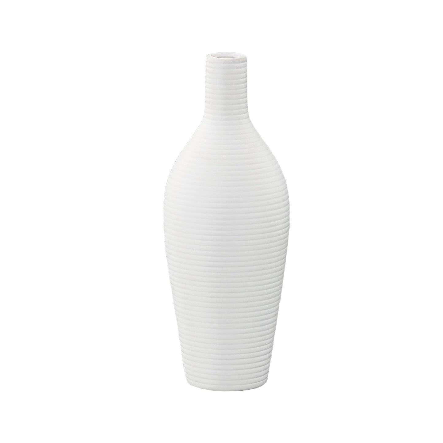 A matte finish white ceramic vase with a ribbed design body and a tapered bottom.