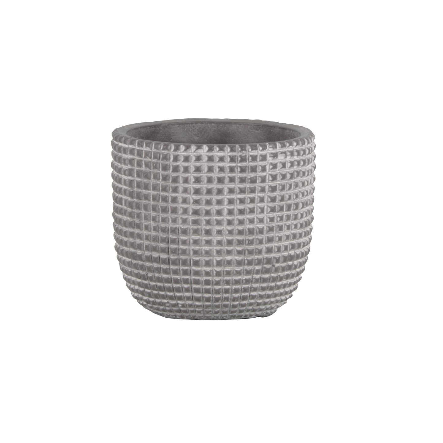 Light Gray Cement Round Pot with Engraved Square Lattice and Tapered Bottom
