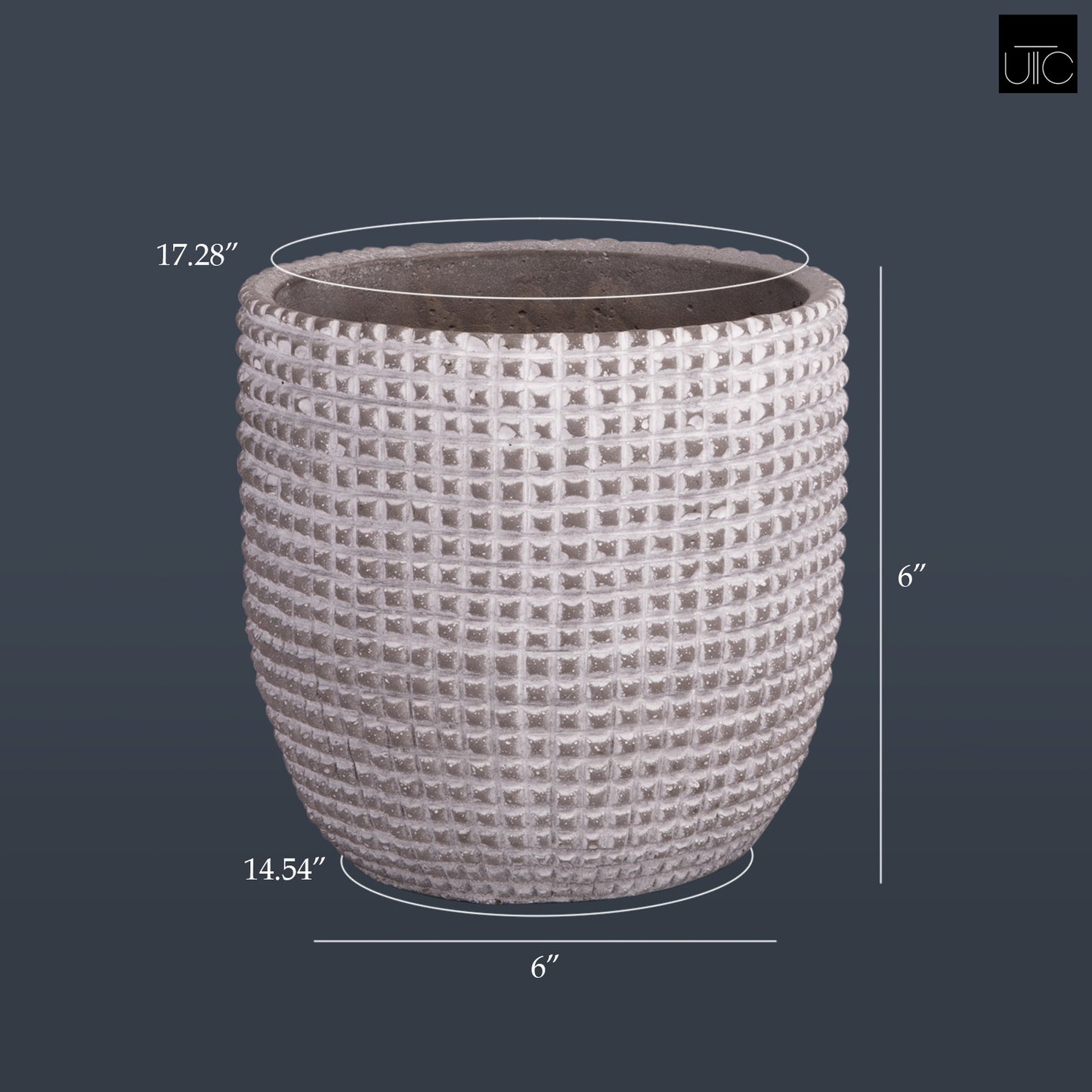 Light Gray Cement Round Pot with Engraved Square Lattice and Tapered Bottom