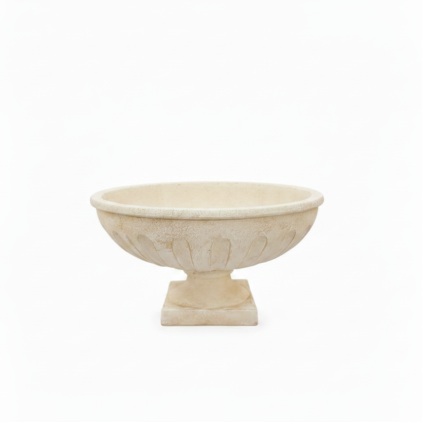 An off-white stone pedestal planter bowl with a textured, embossed floral pattern, shown against a plain white background.