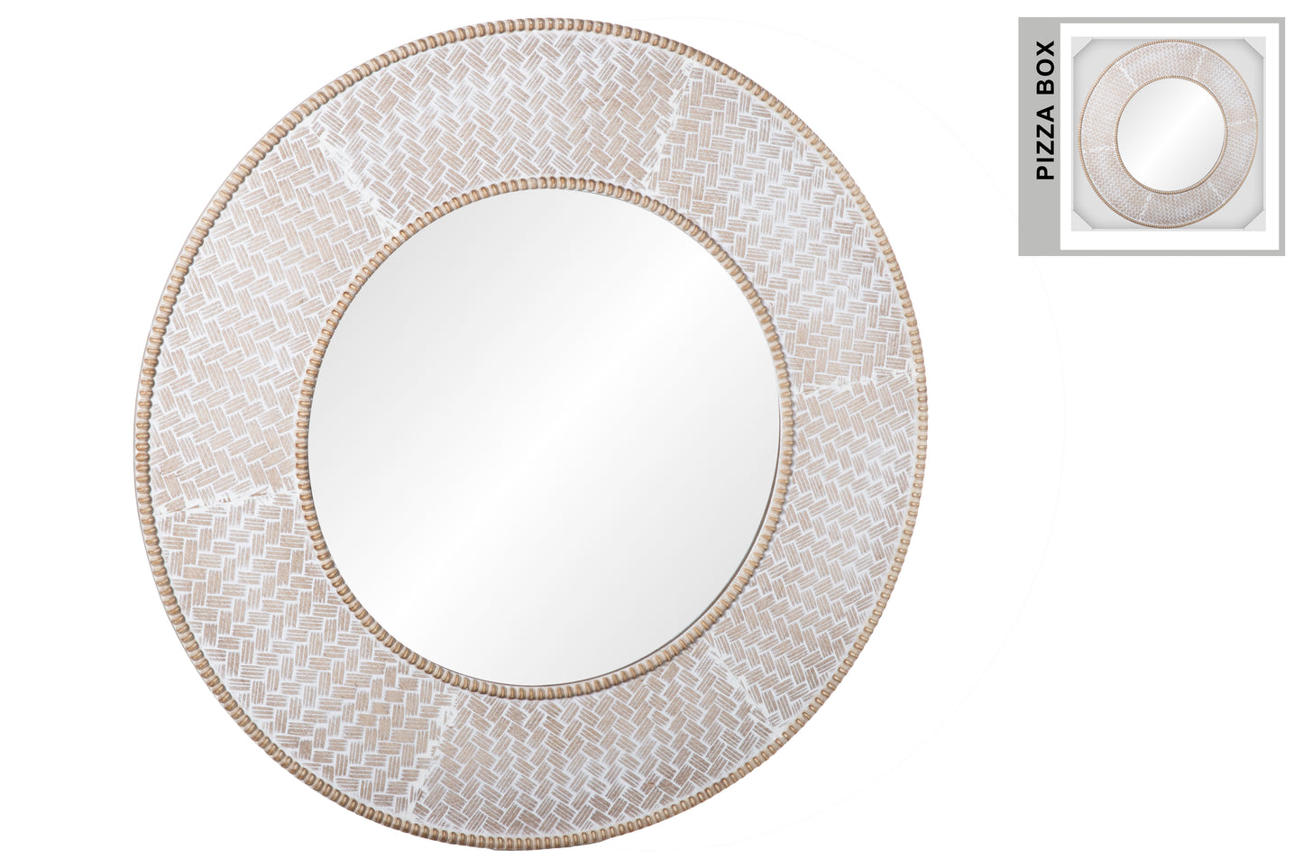 Wood Round Wall Mirror Washed Finish Brown-31.50"H