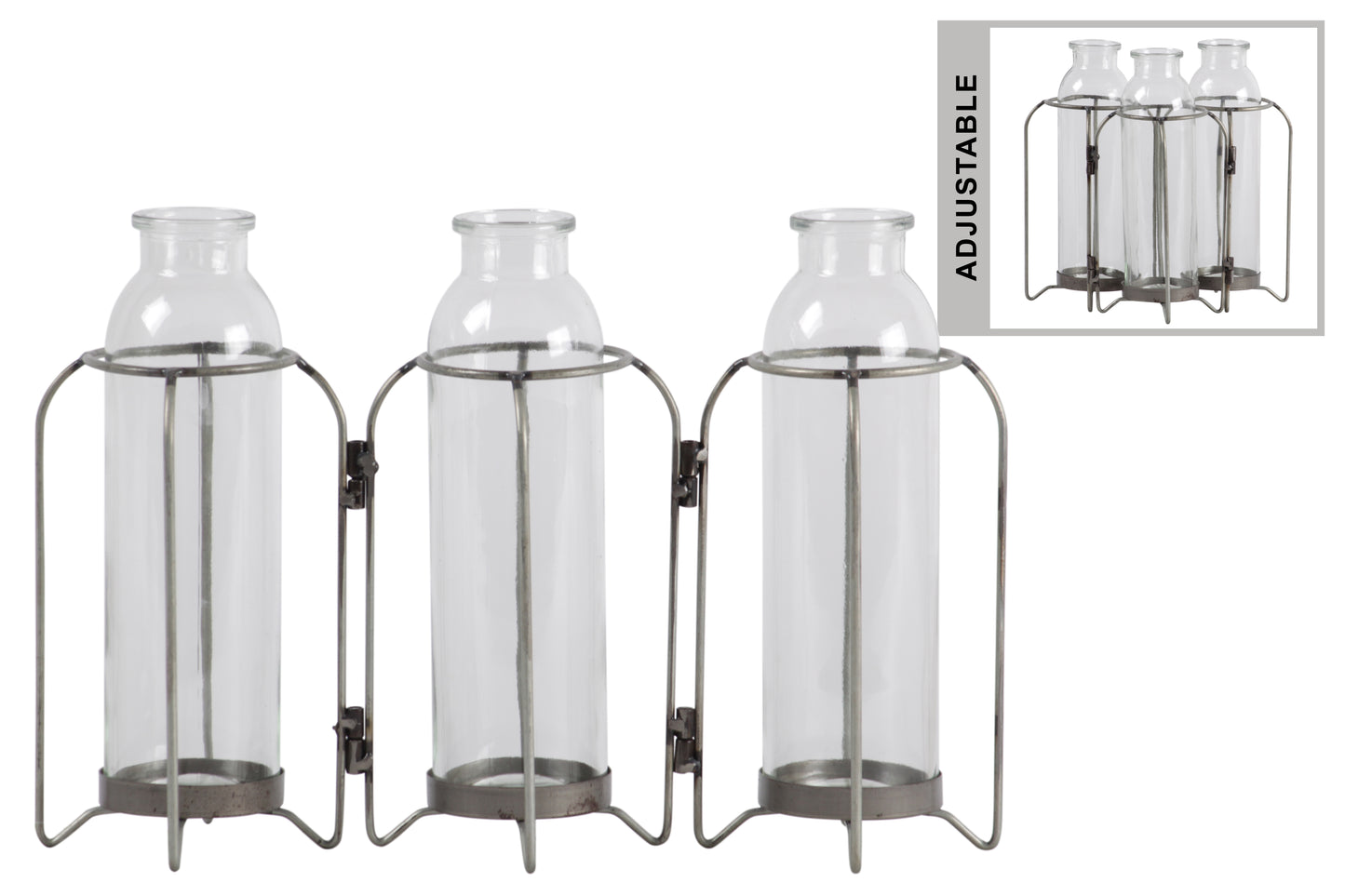 Metal Hinged Vase Holder Distressed Finish Silver..9.00"x3.00"x8.25"H