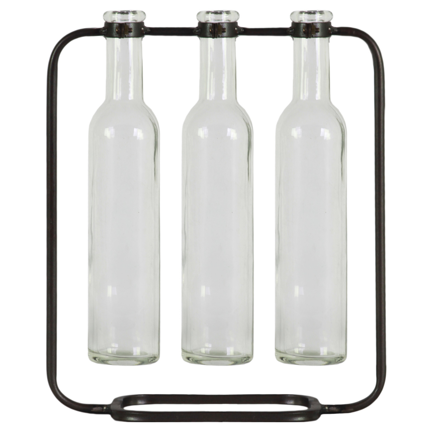 Three clear glass bottles held in place by a black metal stand on a white background