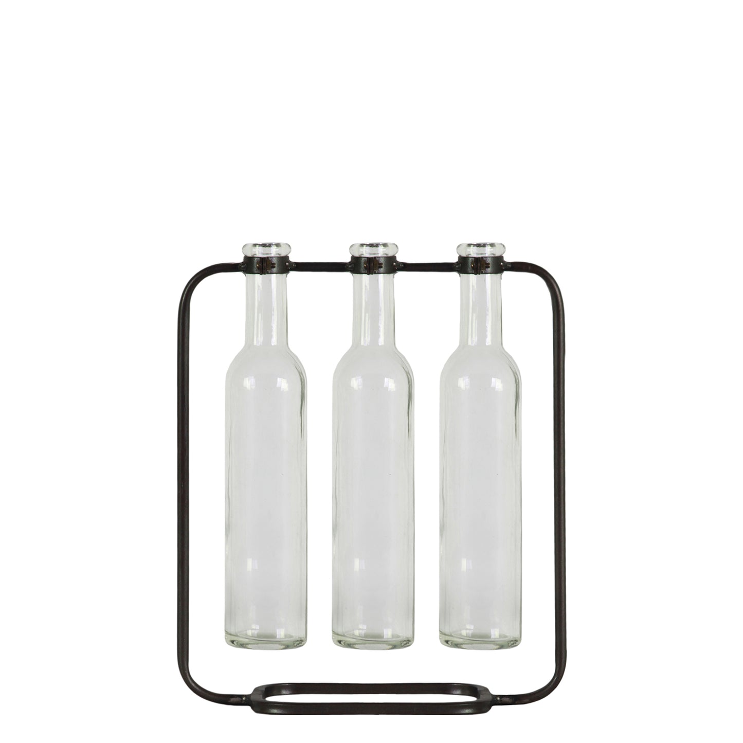 Black metal bottle holder with three clear bottles on a white background