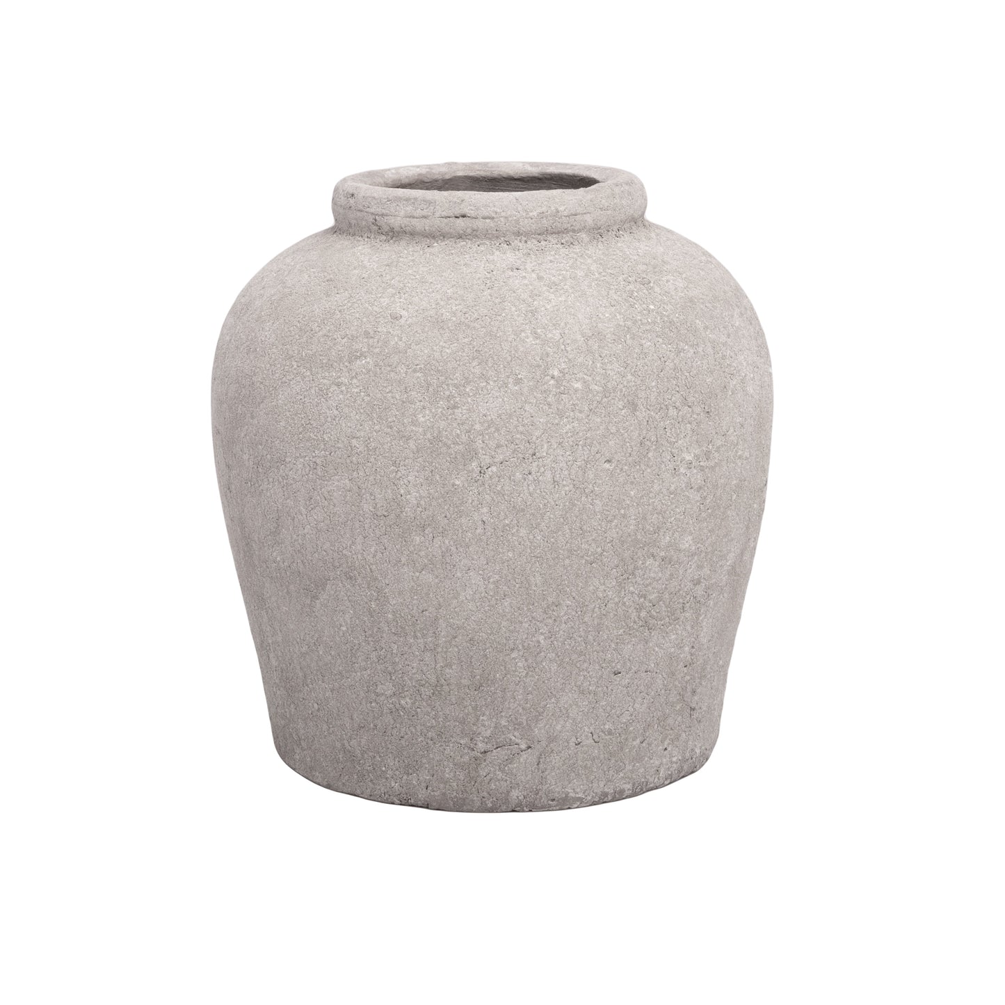 A solid gray terracotta vase with a rounded shape and no visible patterns or text.