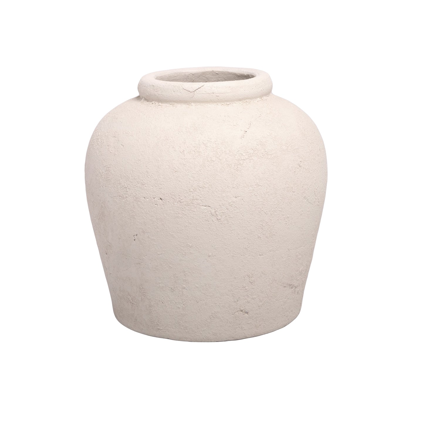 A solid gray terracotta vase with a rounded shape and no visible patterns or text.