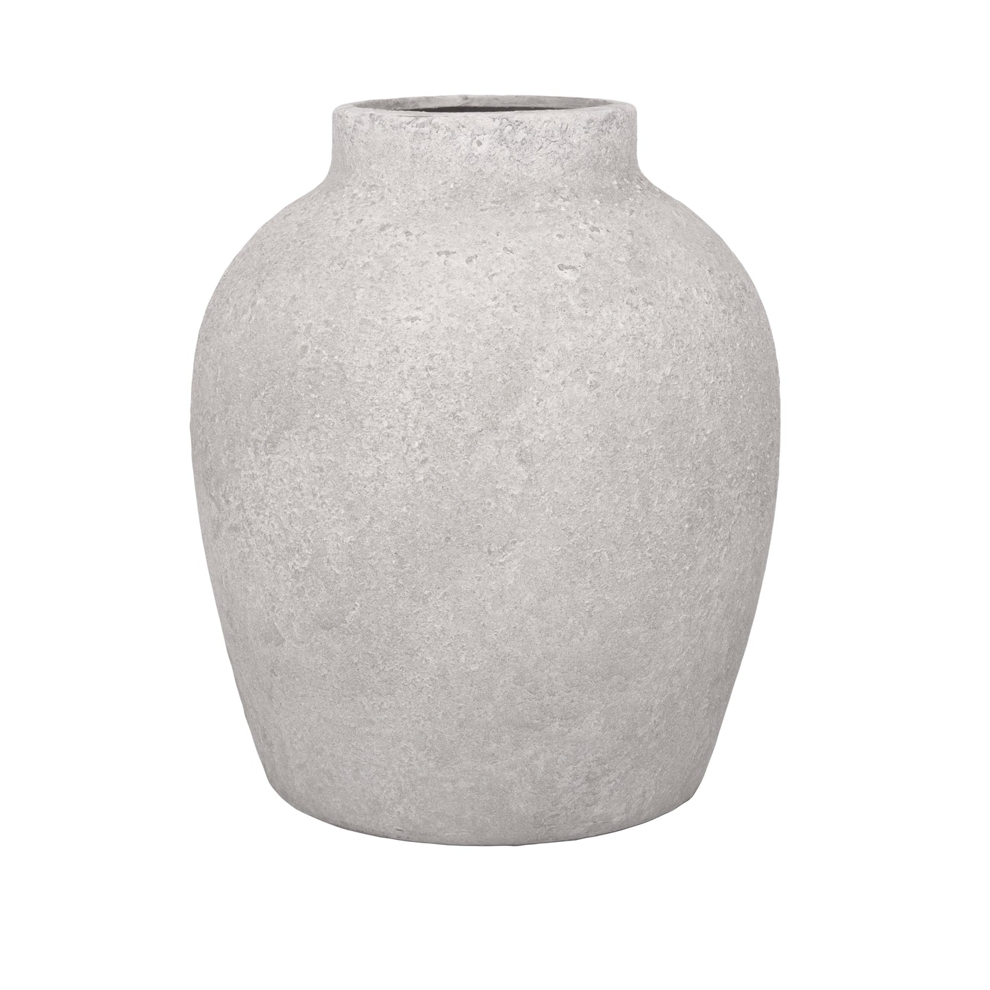 A solid gray terracotta vase with a rounded shape and no visible patterns or text.
