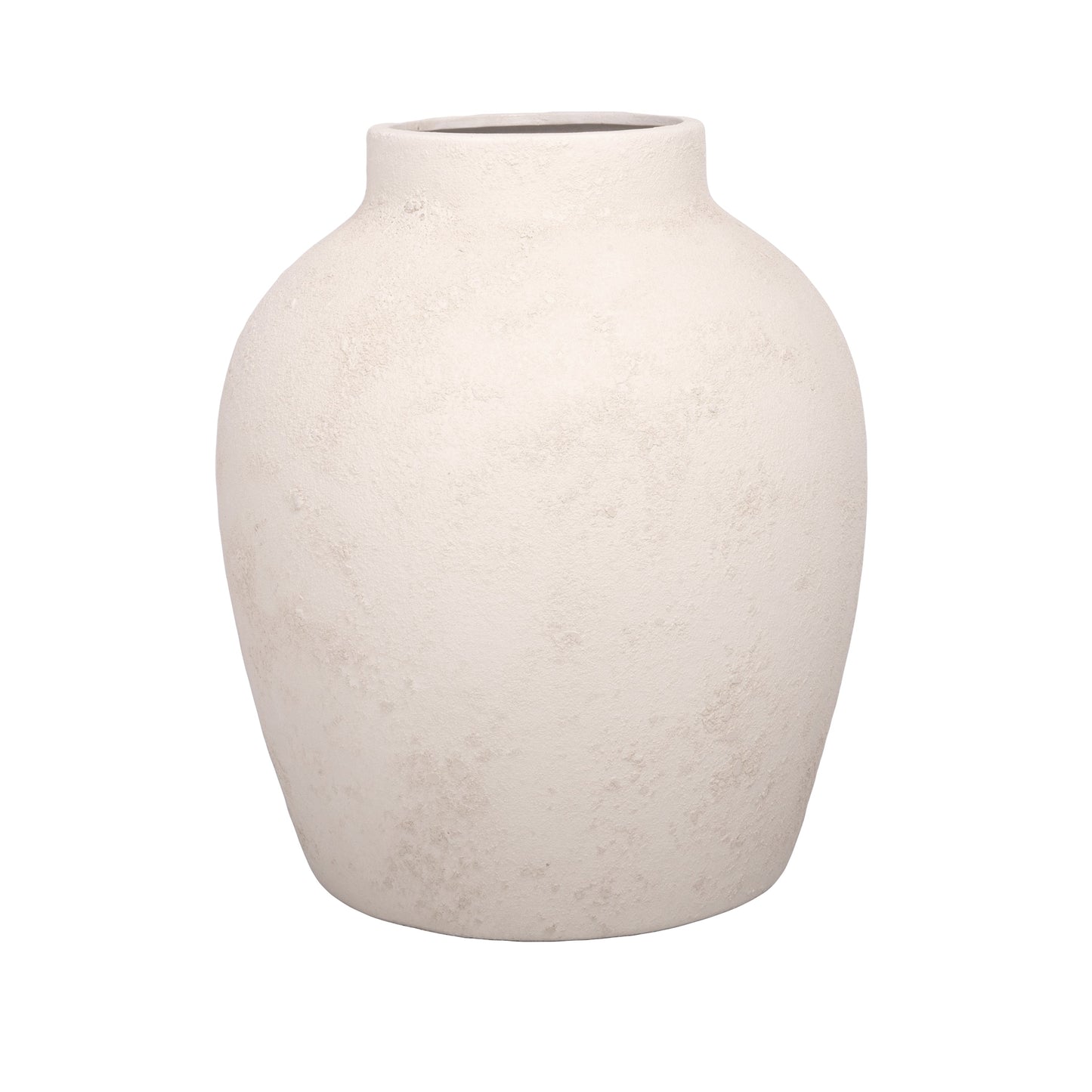 A solid gray terracotta vase with a rounded shape and no visible patterns or text.