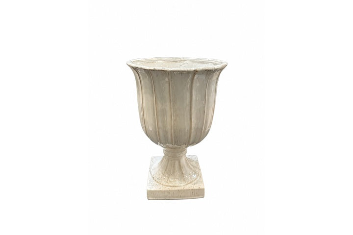 Stoneware Fluted Pedestal Style Vertical Pattern Distressed Glaze