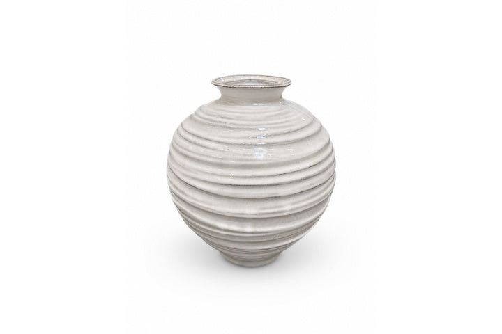 Ripple-Ridged Ceramic Vase With Fine Horizontal Grooves and Rounded Ovoid