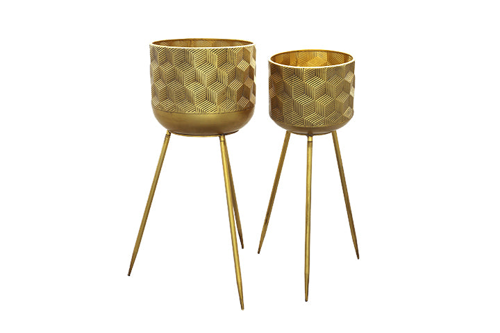 Metal Round Planter with Banded Symmetric Swirl Spade Pattern on Tripod Stand Set of Two Painted Finish Gold