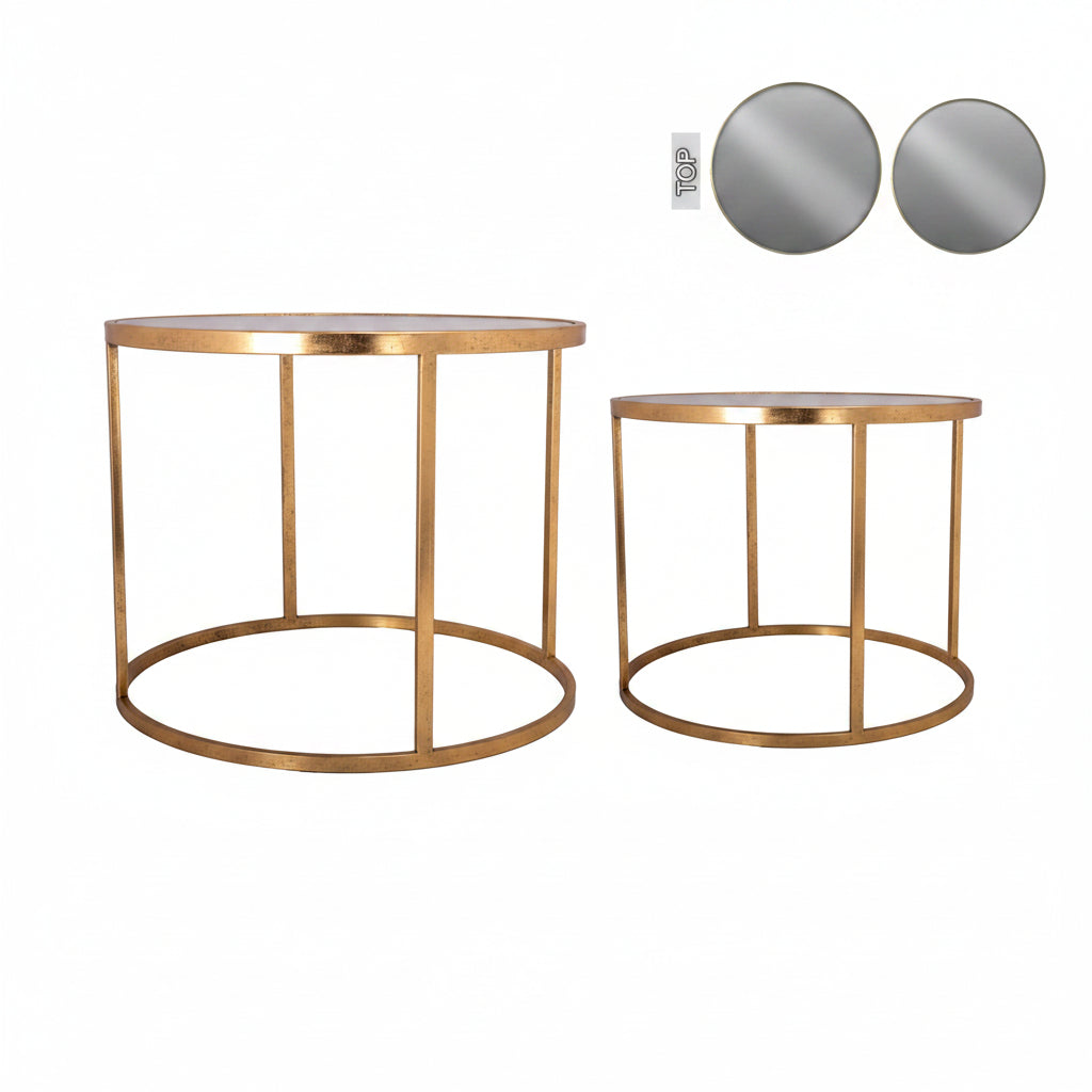 Two round black metal side tables with mirrored tops, part of a furniture set.