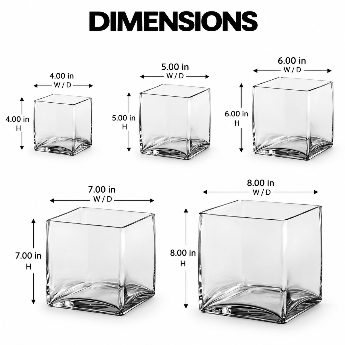 A size comparison chart showing five clear square glass tumblers with increasing dimensions from 4.00 in W/D by 4.