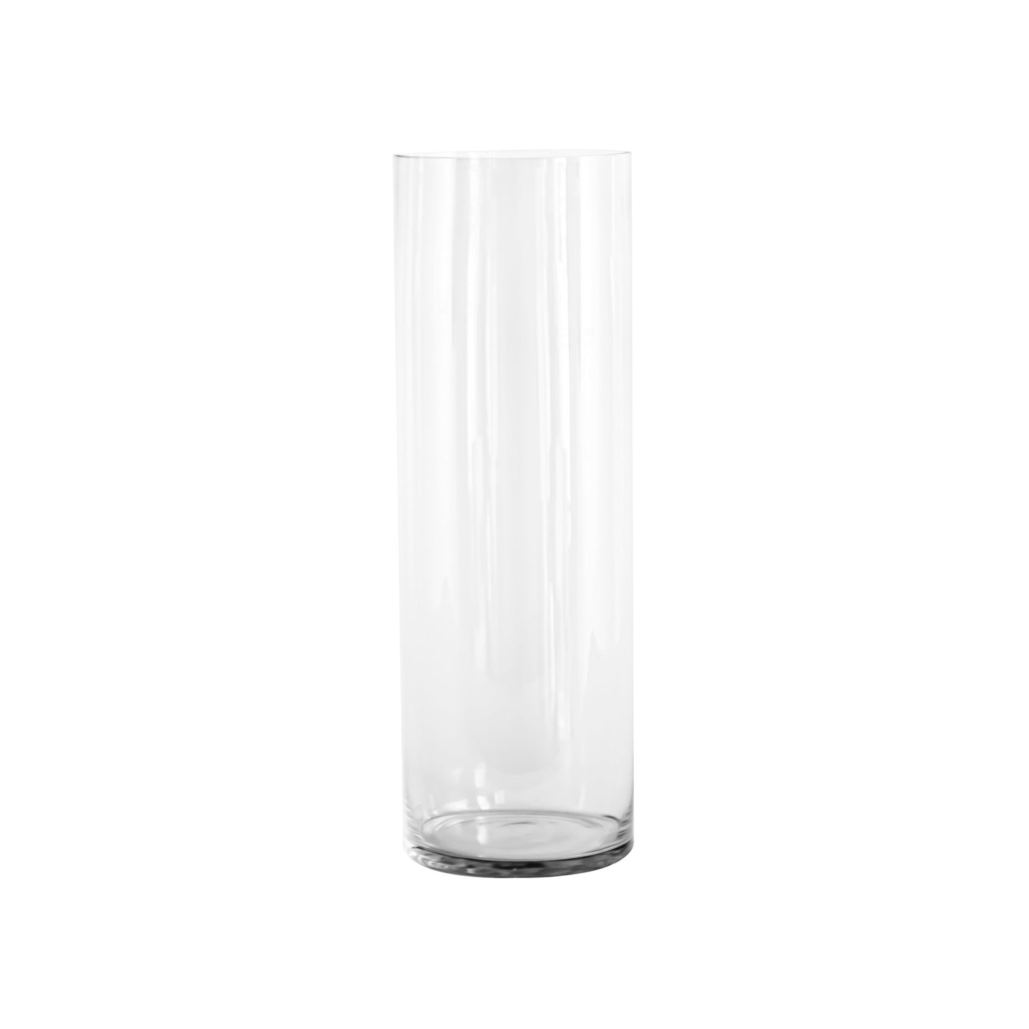 Clear cylindrical glass vase on a white background