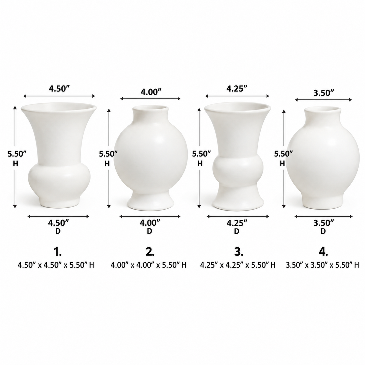 Four white ceramic vases shown with dimension arrows and labels indicating height, diameter, and width on a white background.