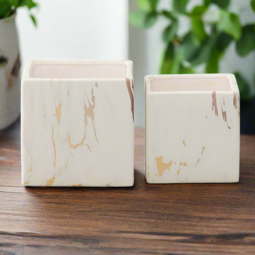 Rosair Ceramic Square Marble Planter Set (Set of 2)