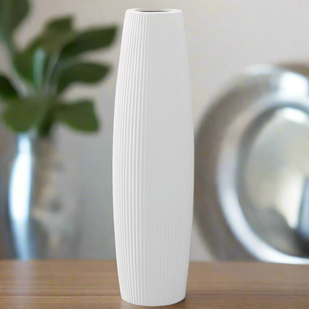 Carlisha Ceramic Bellied Round Vase with Ribbed Design and Tapered Bottom