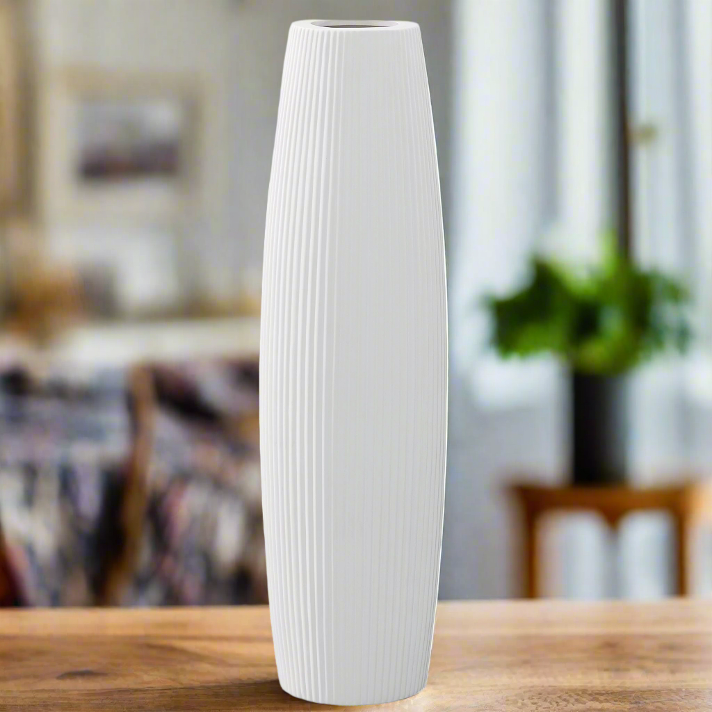Carlisha Ceramic Bellied Round Vase with Ribbed Design and Tapered Bottom