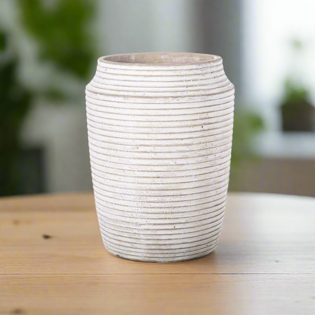Addie Cement Round Pot with Embossed Stripe Pattern Design