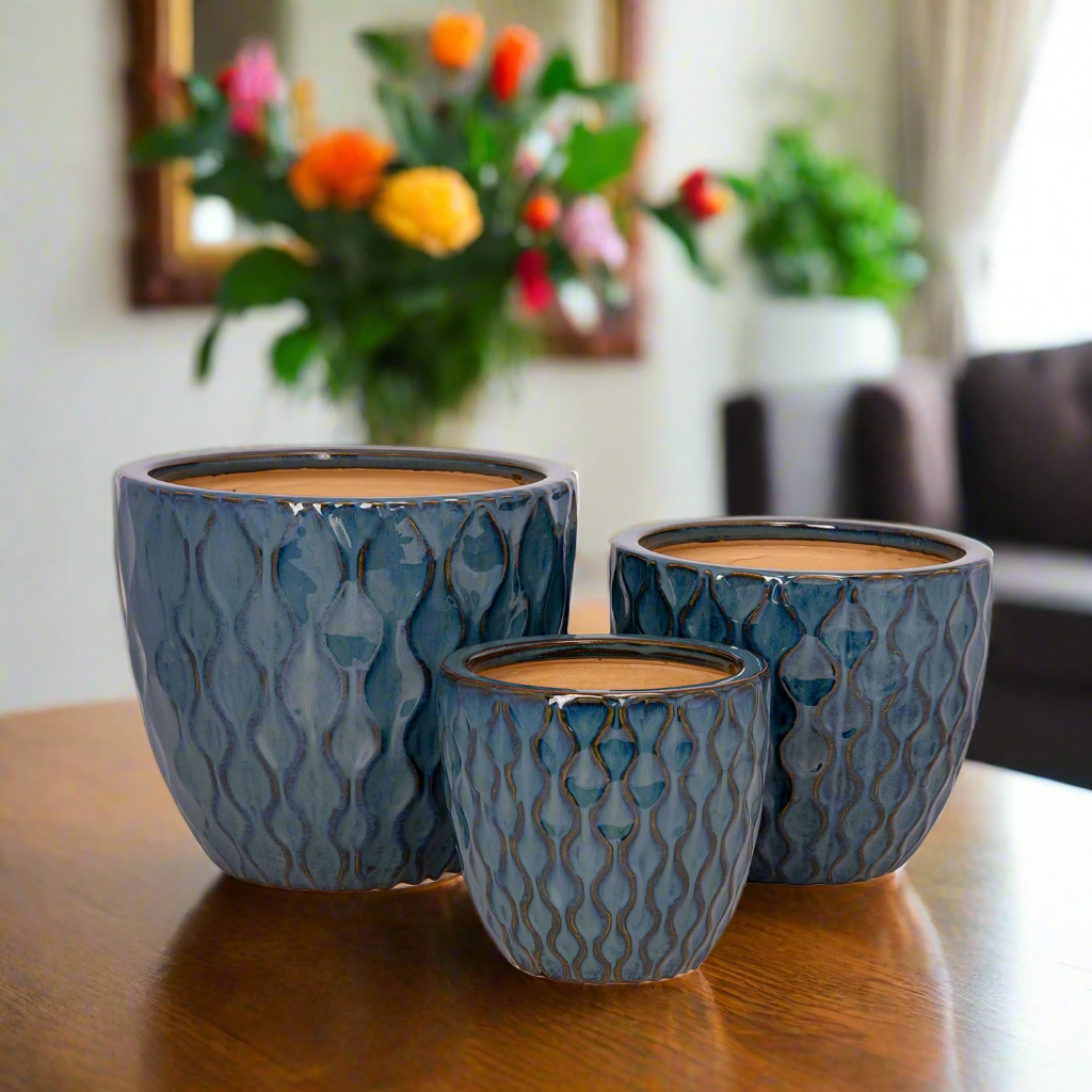Zorina Blue Ceramic Planter Set (Set of 3)