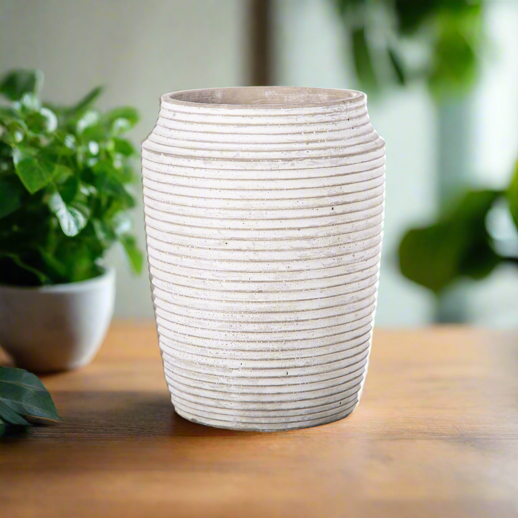 Addie Cement Round Pot with Embossed Stripe Pattern Design