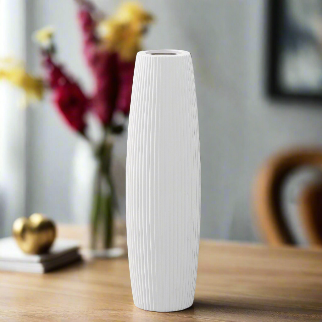 Carlisha Ceramic Bellied Round Vase with Ribbed Design and Tapered Bottom
