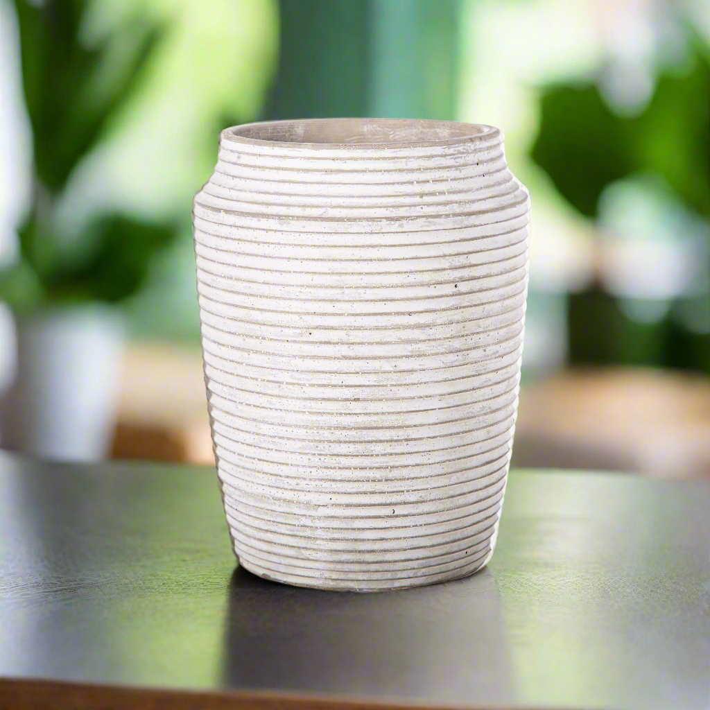 Addie Cement Round Pot with Embossed Stripe Pattern Design