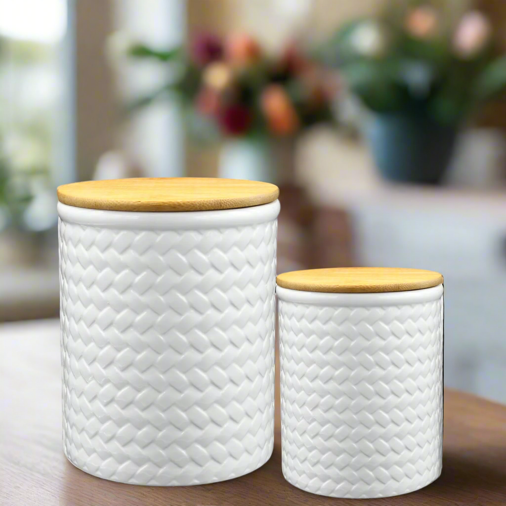Briora Ceramic Round Canister with Brown Lid – White Diagonal Weave Design (Set of 2)