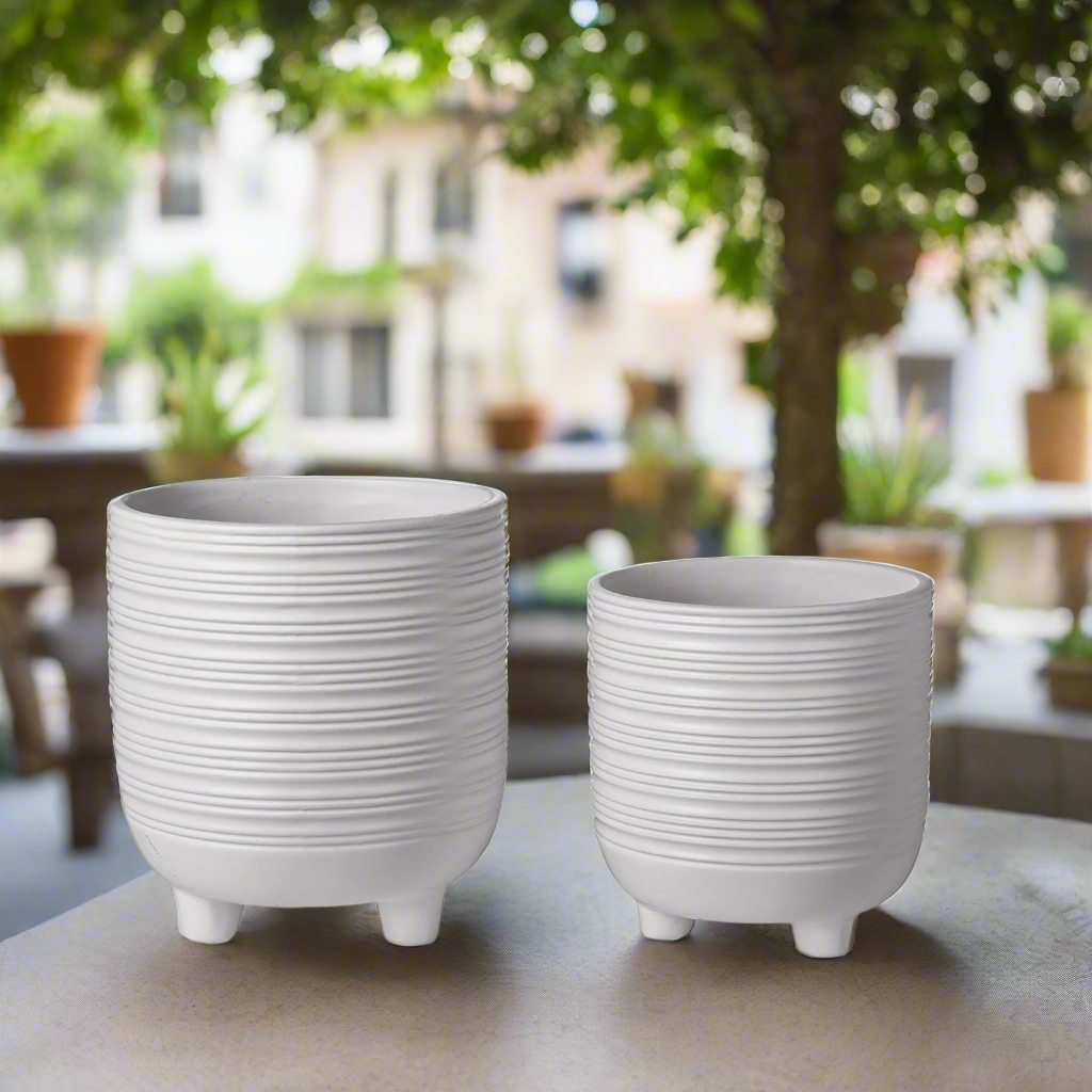 Varenne White Striped Tripod Planter Set (Set of 2)
