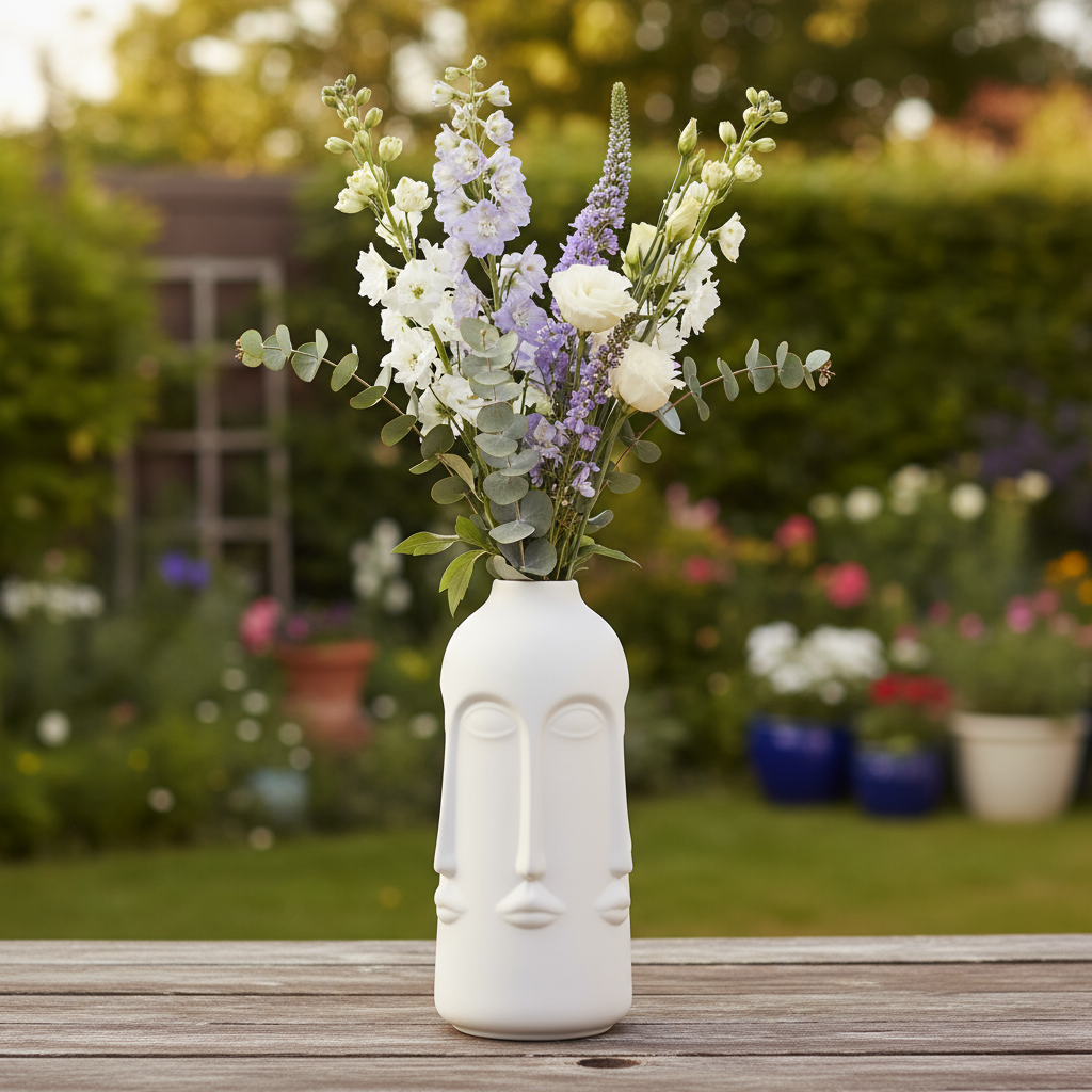 White face-shaped vase with flowers on a wooden table in a garden setting