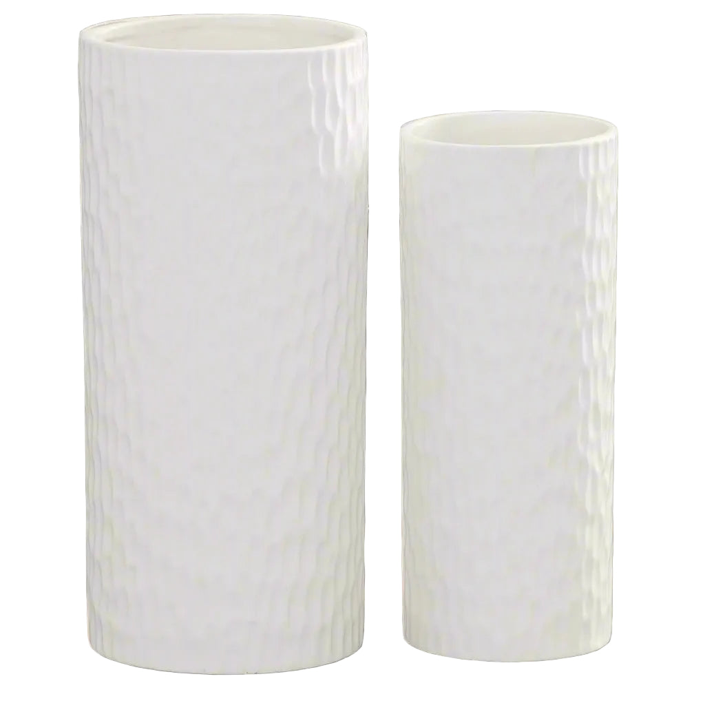 Two white textured vases on a white background