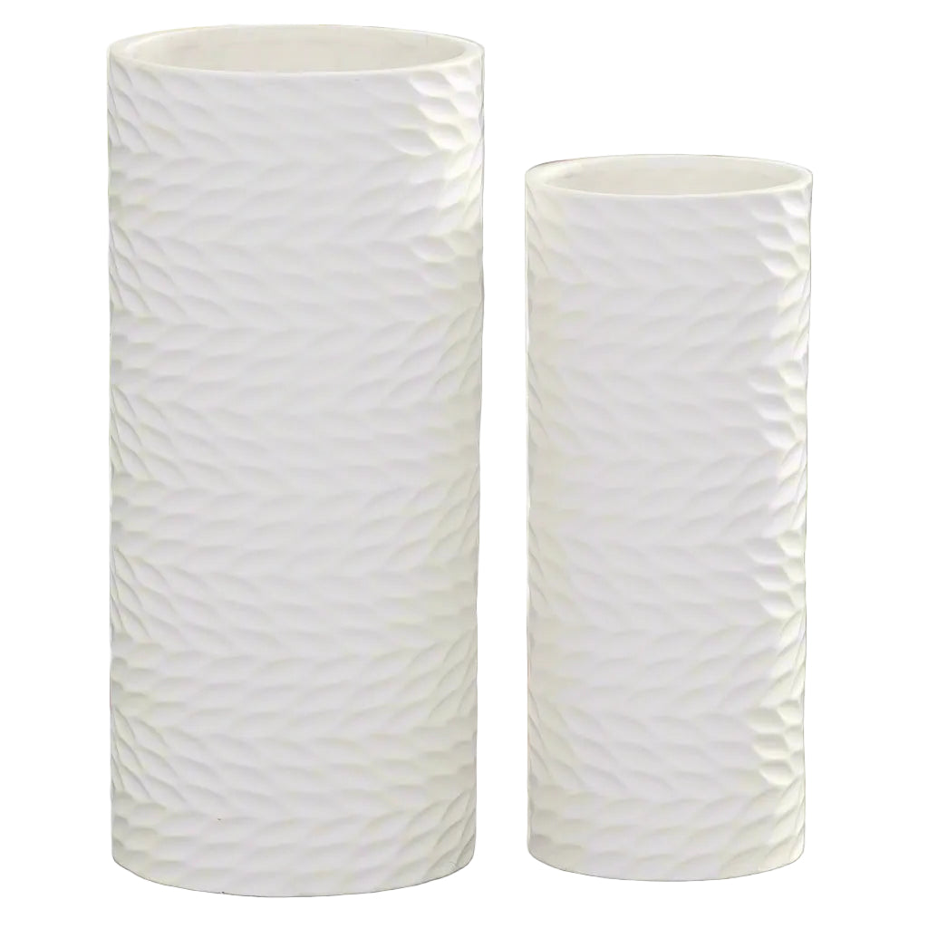 Two white textured vases on a white background