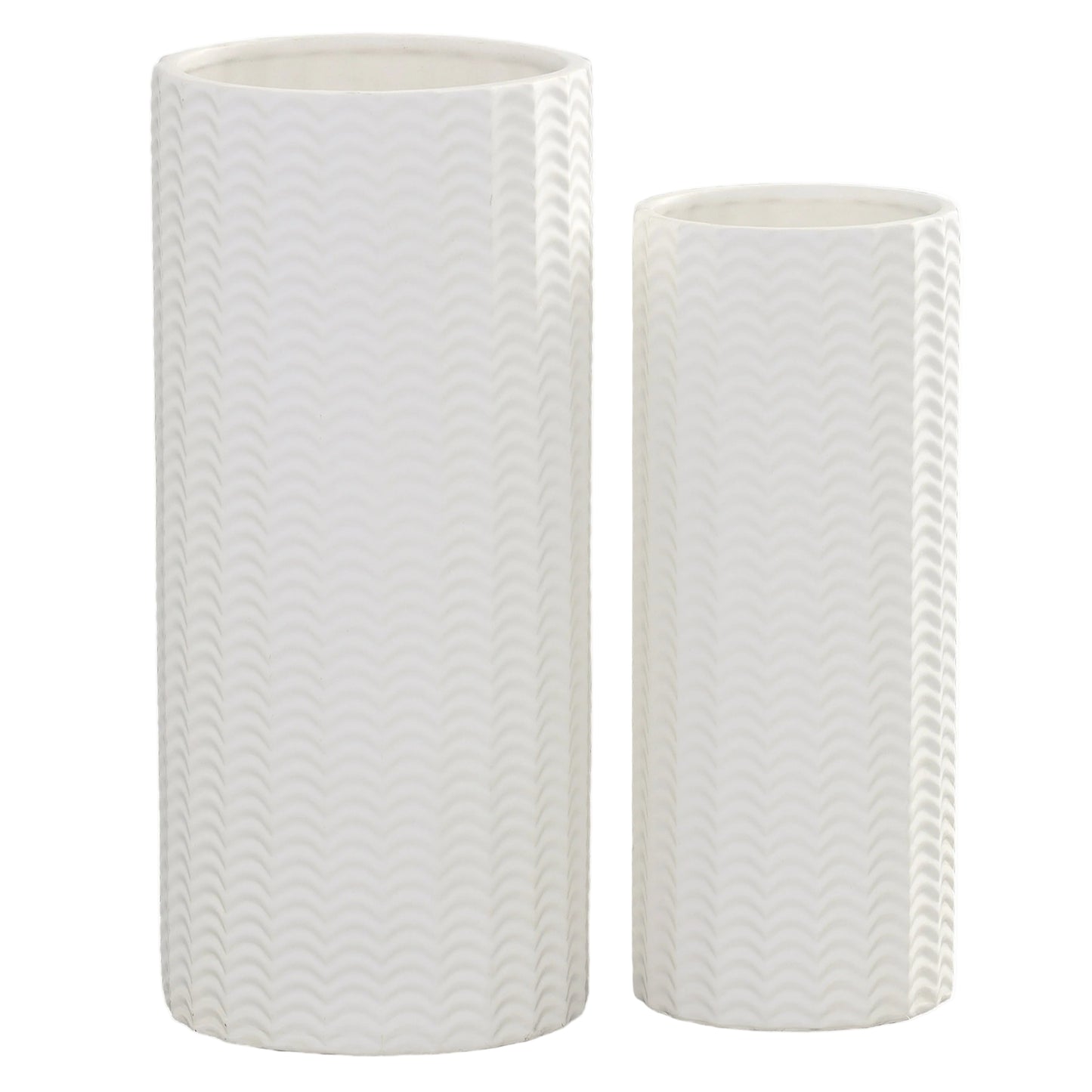 Two white textured vases on a white background