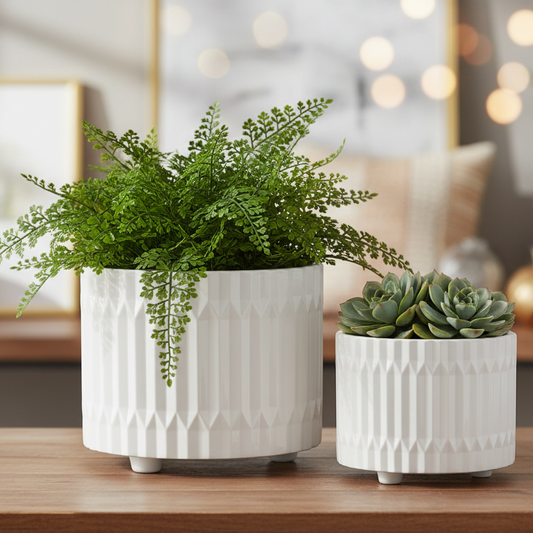 Chiara Ceramic Round Pots with Embossed Geometric Spike Pattern (Set of 2)