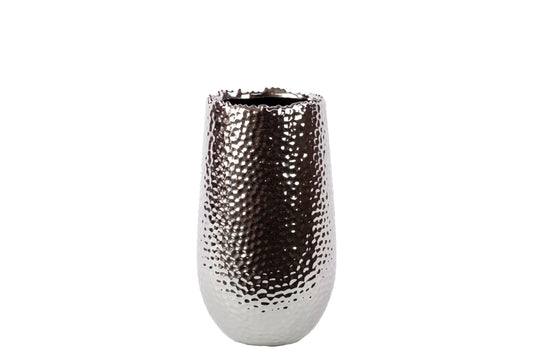 Ceramic Round Vase with Uneven Lip and Rounded Bottom SM Dimpled Polished Chrome Finish Silver