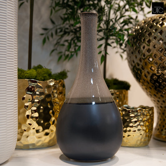 Ceramic Bellied Round Vase with Small Mouth and Black Banded Rim Bottom Gloss Finish