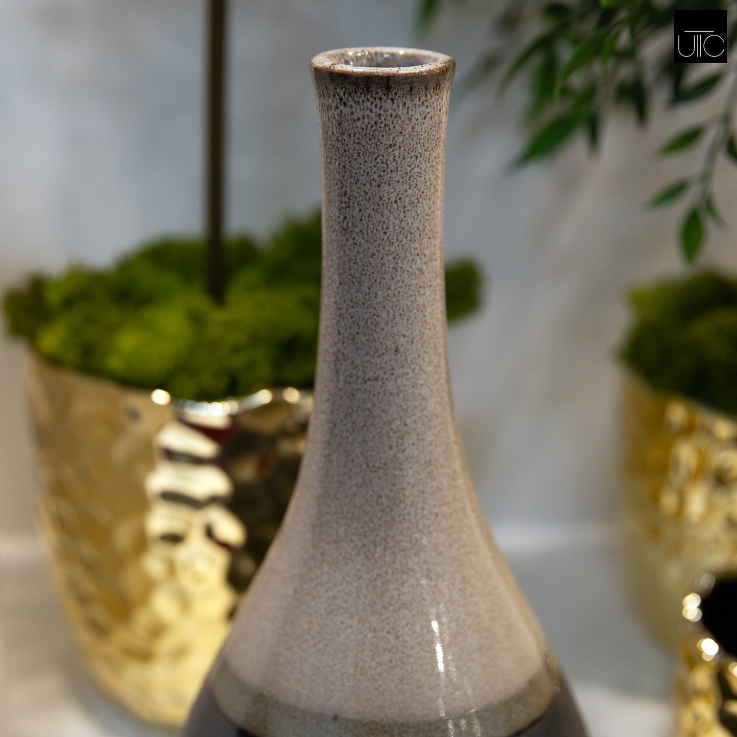 Ceramic Bellied Round Vase with Small Mouth and Black Banded Rim Bottom Gloss Finish