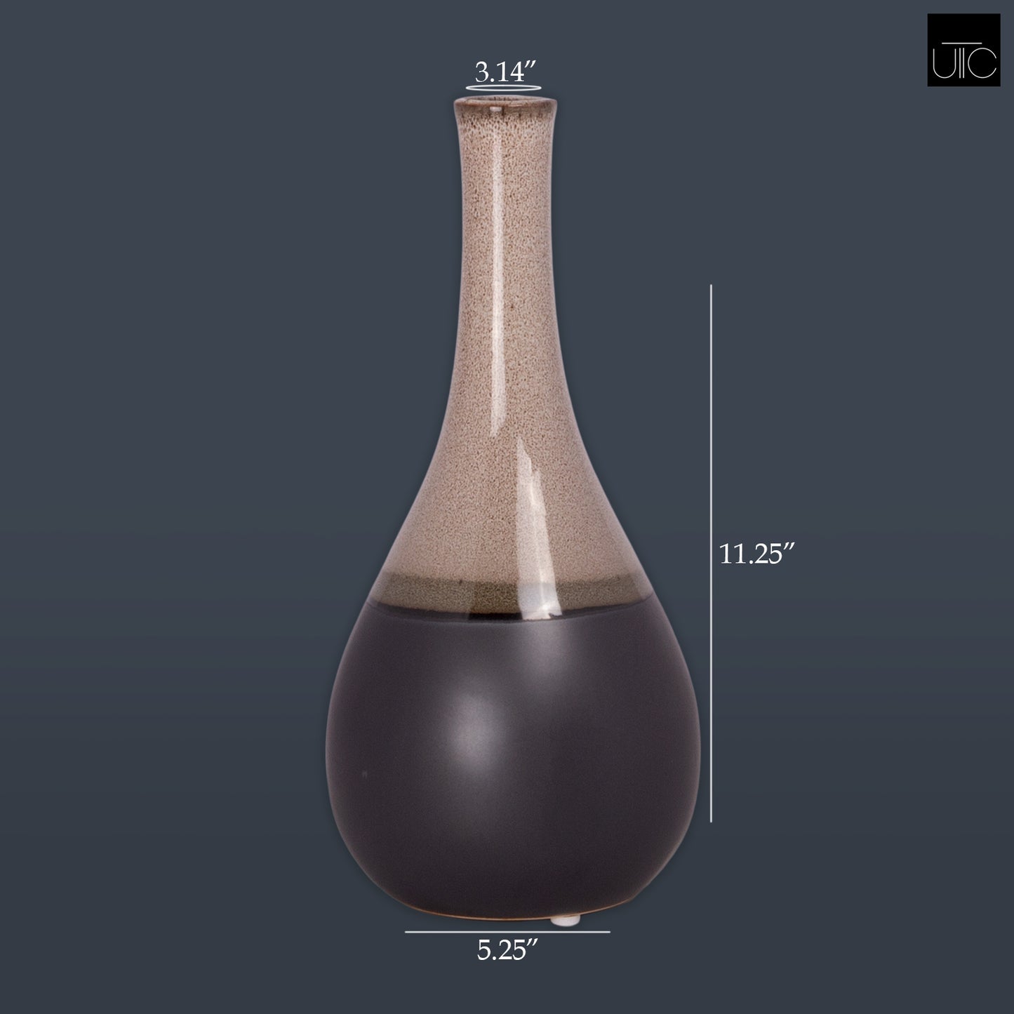 Ceramic Bellied Round Vase with Small Mouth and Black Banded Rim Bottom Gloss Finish
