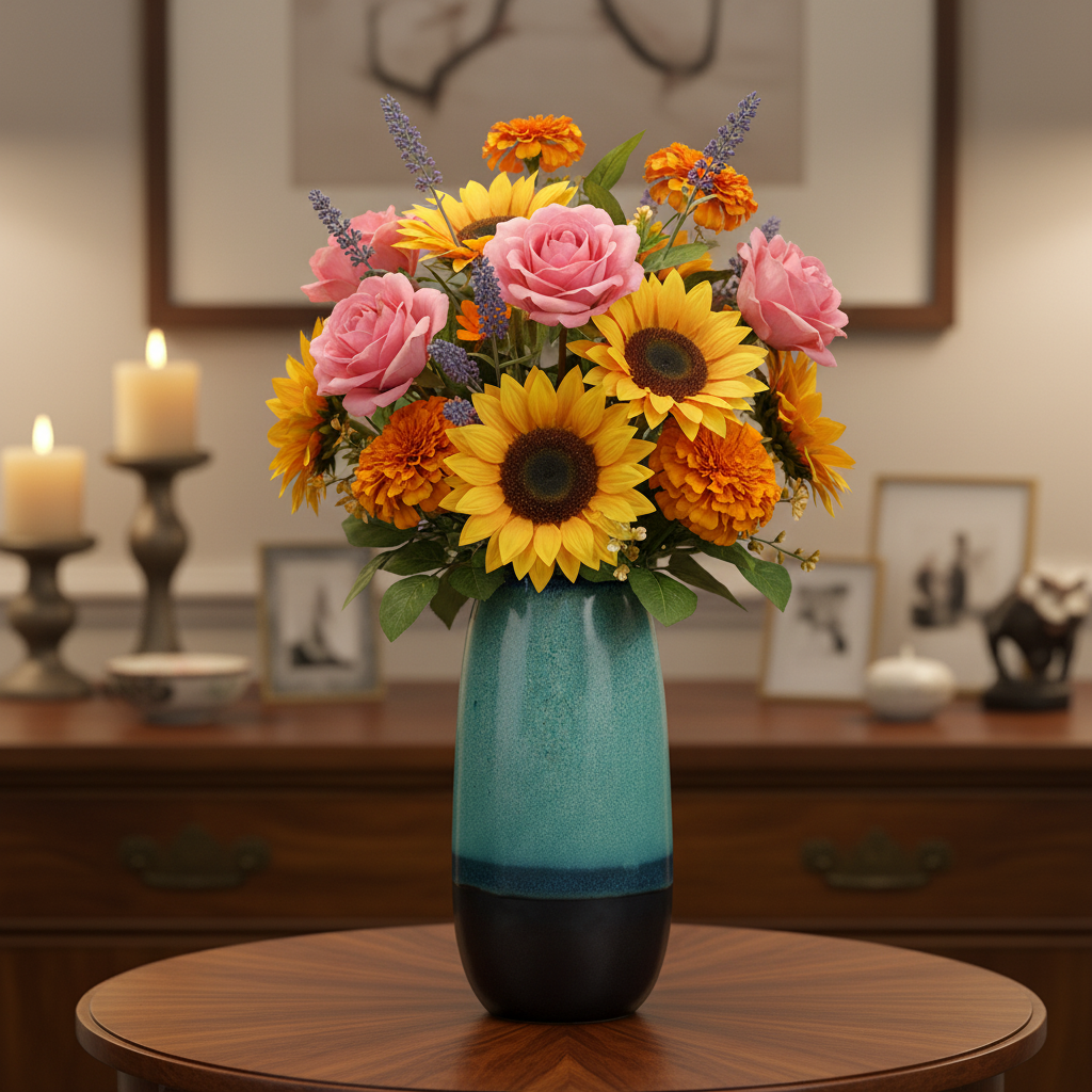 Zaida Ceramic Tall Round Vase with Irregular Mouth and Faded Blue Rim