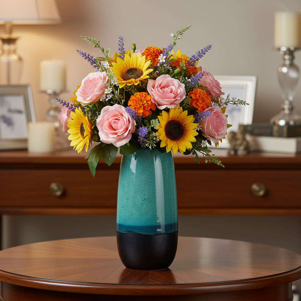 Zaida Ceramic Tall Round Vase with Irregular Mouth and Faded Blue Rim