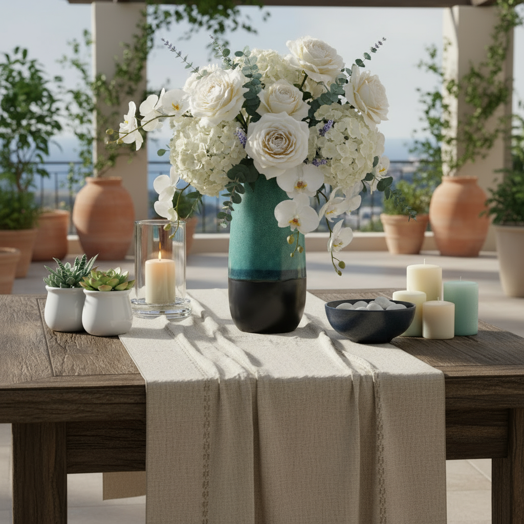 Zaida Ceramic Tall Round Vase with Irregular Mouth and Faded Blue Rim