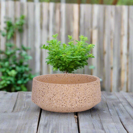 A beige cement pot with a granito texture on a wooden surface with a plant inside it, set against a fence and greenery in the background.