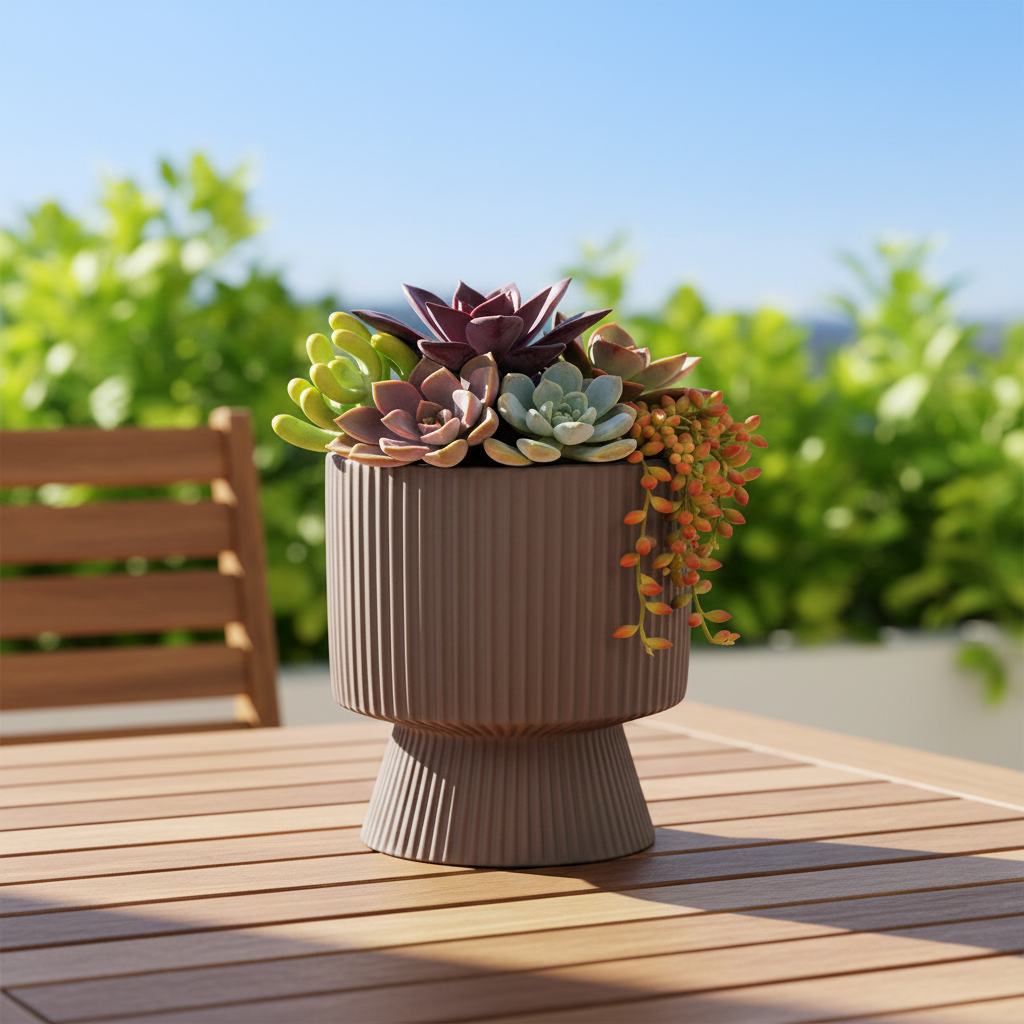 Oksana Ribbed Stoneware Vase with Tapered Pedestal Base