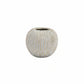 A small round ceramic vase with a textured vertical ribbed pattern in off-white and beige tones, isolated on a solid white background.
