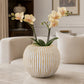 A ribbed ceramic vase with a warm cream and gold finish, filled with pale yellow orchids, set on a marble coffee table in a beautifully styled living room.